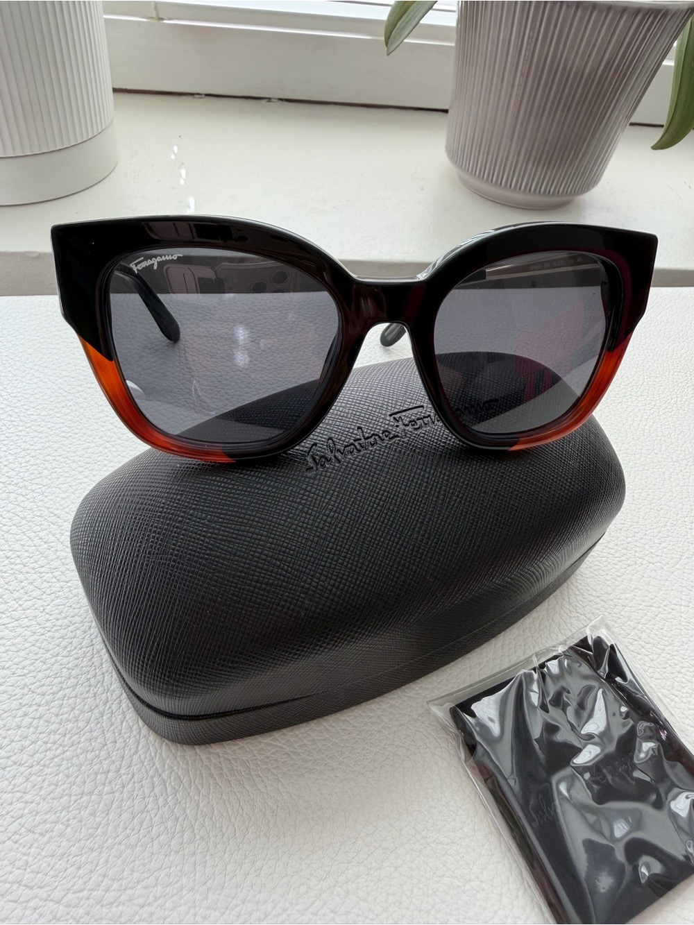 Salvatore Ferragamo Black with Amber Accent Cat-Eye Sunglasses